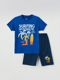 Bisiklet Yaka Bask?l? K?sa Kollu Erkek ?ocuk ?ortlu Pijama Tak?m?