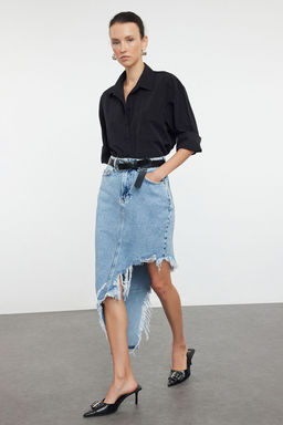 Mavi Puskullu Asimetrik Midi Denim Etek TWOAW22ET0140