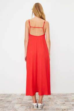 K?rm?z? Ayarlanabilir Ask?l? Kare Yaka A-Line Burumcuk/Dokulu Orme Maxi Elbise TWOSS24EL00060