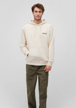 S?rt Bask?l? Kapusonlu Bej Sweatshirt - Mavi фото 2