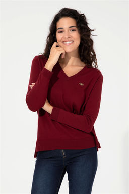 Женский бордово-красный базовый свитер с v-образным вырезом Неожиданная скидка в корзине
