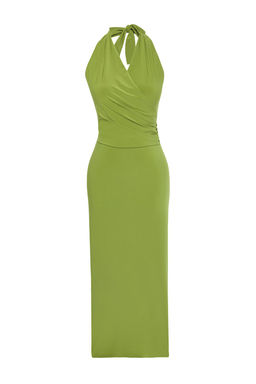 Yesil Kruvaze Baglama Detayl? V Yaka Esnek Midi Orme Elbise TWOSS25EL00479