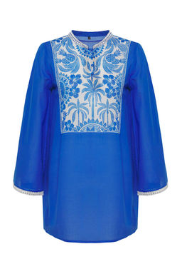 Tropikal Desenli Dokuma %100 Pamuk Plaj Mini Elbise TBESS25EL00027