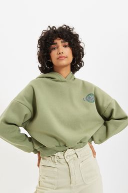 Mint S?rt Bask? Detayl? Kapusonlu Kal?n Ici Polarl? Orme Sweatshirt TWOAW22SW0711
