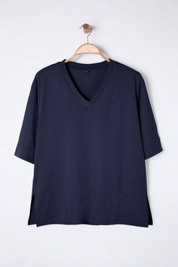 TRENDYOLMILLA Lacivert %100 Pamuk Oversize/Genis Kal?p Truvakar Kol Orme T-Shirt TWOSS25TS00011  фото 16