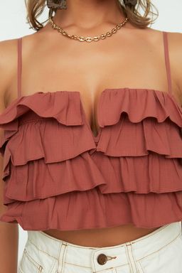 Trendyolmilla Beyaz Crop Dokuma Flaml? Pamuk F?rf?rl? Plaj Bluz TBESS21BZ0661  фото 8