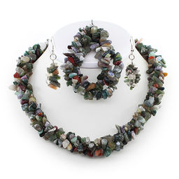 Яшма зеленая Василиса, галька 3х, комплект, бусы длиной 45см