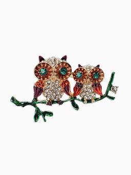 Брошь «Совы» на ветке, цветная в золоте