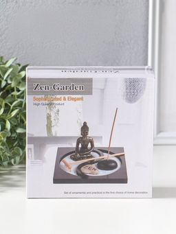Японский сад камней настольный «Дзен. Будда в розовом у гонга», с подставкой для благовоний и набором аксессуаров, 13.2×15×16 см