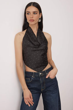 Siyah Tas Bask? Degaje Yaka Kolsuz Saten Party Bluz TPRAW26BZ00057