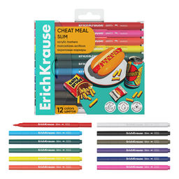 АКЦИЯ Цена за 24 шт. Цветные маркеры акриловые ErichKrause Slim Cheat Meal с пулевидным наконечником 12 цветов (в ПЭТ-боксе 12 шт)