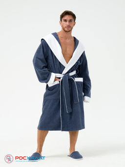 Мужской махровый халат с капюшоном с белой отделкой серый+белый МЗ-05-1 (84) - Росхалат фото 5