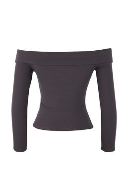Teen Antrasit Fitted/Vucuda oturan Carmen Yaka Dugmeli Fitilli Esnek Orme Bluz TWOAW26BZ00076