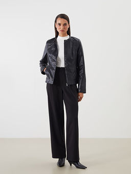 Bisiklet Yaka Kad?n Deri G?r?n?ml? Ceket