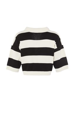 Siyah Crop Polo Yaka Basic Cizgili Ince Triko Bluz TWOSS23KZ00010 - Trendyolmilla фото 8