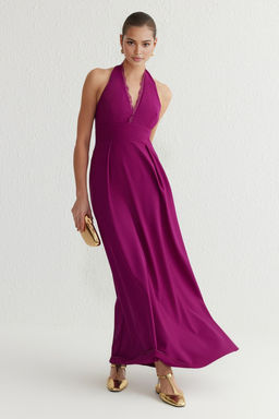 TRENDYOLMILLA Murdum Dantel Yaka Detayl? Dokuma Uzun S?k Abiye Elbise TPRSS25AE00035