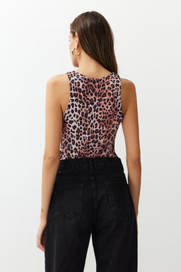 Ac?k Kahverengi Leopar Desenli Halter Yaka Esnek Alttan C?tc?tl? Orme Body TWOSS20BD0044