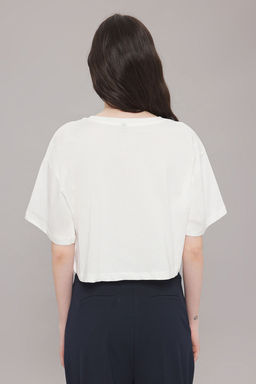 TRENDYOLMILLA Lacivert %100 Pamuk Relaxed/Rahat Kal?p Crop Bask?l? Orme T-Shirt TWOSS25TS00080  фото 12