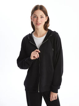 Kap??onlu D?z Oversize Kad?n Fermuarl? Sweatshirt