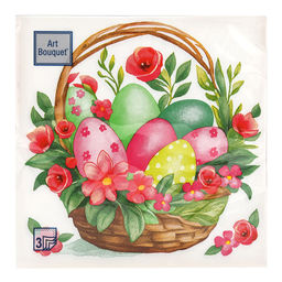 Салфетки бумажные Art Bouquet 33х33см, 3-х слойные, 20 штук в упаковке, 100% целлюлоза, Пасхальная корзина с цветами (Россия)  фото 2