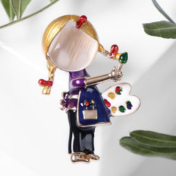 Брошь Девочка художник, цветная в золоте