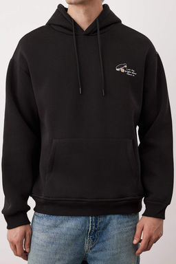 Siyah Oversize/Genis Kesim Nak?sl? Ici Polarl? Kapusonlu Sweatshirt TMNAW25SW00016