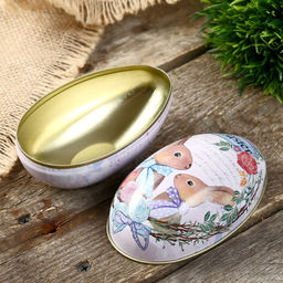 Металлическая шкатулка - яйцо Кролики, для украшений, хранения мелочи, 11?6.5?7 см