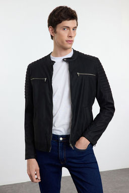 TRENDYOL MAN Siyah Slim Fit Fermuar Detayl? Deri K?sl?k Ruzgara ve Suya Dayan?kl? Biker Ceket Mont TMNAW25MO00046 - Trendyolmilla фото 2
