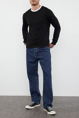Siyah Regular/Normal Kesim Dokulu Panel Detayl_ Basic Sweatshirt TMNAW25SW00149