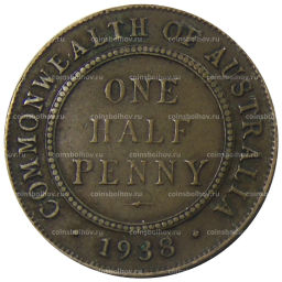 Монета 1/2 пенни 1938 года Австралия