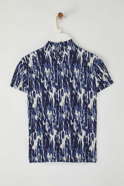 Lacivert Burumcuk/Dokulu Dik Yaka Bask?l? Orme Bluz TWOSS25BZ00396