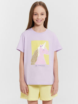 Футболка для девочек лиловая с принтом "единорог"