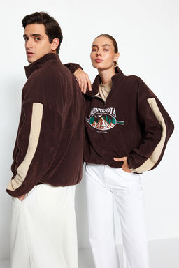Kahverengi Unisex Oversize/Genis Kesim Dik Yaka Fermuar Anti-pilling Polar Sweatshirt TMNAW24SW00034