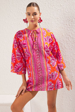 Su Alt? Desenli Dokuma %100 Pamuk Plaj Mini Elbise TBESS25EL00007