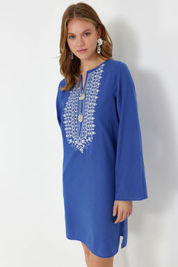 Mavi Mini Dokuma Nak?sl? %100 Pamuklu Plaj Elbisesi TBESS24EL00148 - Trendyolmilla фото 3