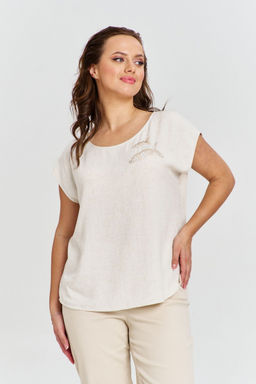 Блуза летняя из льна с вышивкой и золотистыми пайетками AVE RARA 2190 натуральный-бежевый