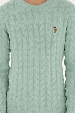 Erkek Slim Fit Bisiklet Yaka Su Ye_ili Basic Kazak