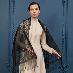 Палантин 170 х 60 см Цветы и растения, цвет черный - Мастерская ПОКРОВ фото 3