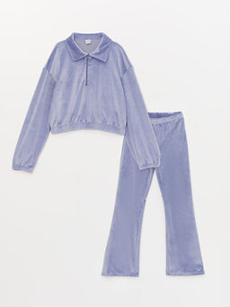 Polo Yaka Basic Uzun Kollu Kadife K?z ?ocuk Sweatshirt ve Tayt
