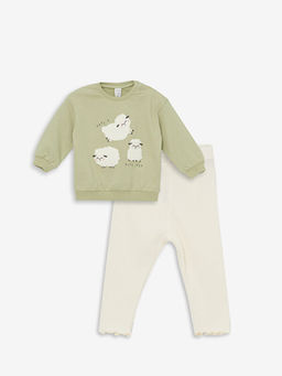 Bisiklet Yaka Uzun Kollu Bask?l? K?z Bebek Sweatshirt ve Tayt 2li Tak?m