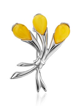 Нежная серебряная брошь с натуральным медовым янтарём Вереск