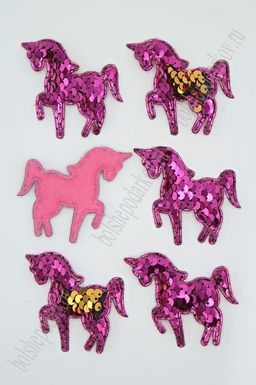Патч 3D, с двухсторон. пайетками "Единорог" 6*5 см (10 шт) SF-1888, фукси/золото