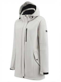 Парка женская софтшелл виндстоппер удлинённая с капюшоном белого цвета 9618_1Bl