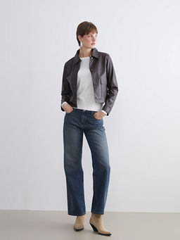 G?mlek Yaka Kad?n Deri G?r?n?ml? Ceket