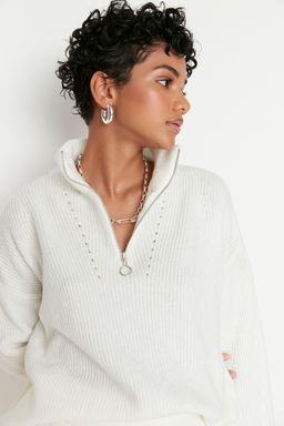 Ekru Yumusak Dokulu Fermuarl? Triko Kazak TWOAW20XS0009