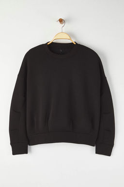 Siyah Oversize/Genis Kal?p Dikis Detayl? Kal?n Ici Polarl? Orme Sweatshirt TWOAW26SW00061
