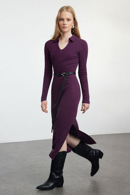 TRENDYOLMILLA Siyah Duz Midi Polo Yaka Bodycone/Vucuda Oturan Midi Orme Elbise TWOAW25EL00319  фото 2
