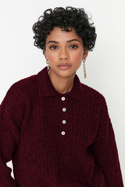 Bordo Genis Kal?p Yumusak Dokulu Triko Kazak TWOAW21KZ2635