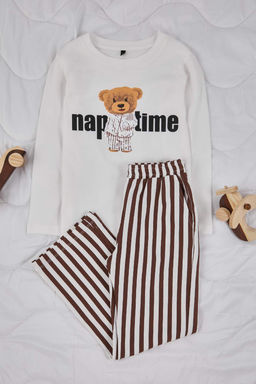 Bej Unisex Cocuk 100% Pamuk Bask?l? Regular Orme Pijama Tak?m? TKDAW26PT00001