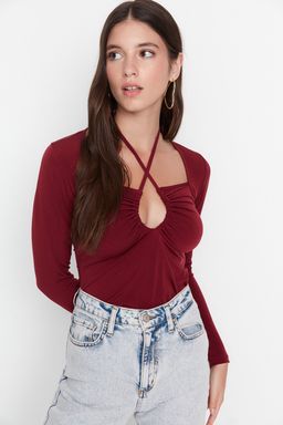 Bordo Fitted/Vucuda Oturan Boyundan Baglamal? Esnek Orme Bluz TWOAW23BZ00093